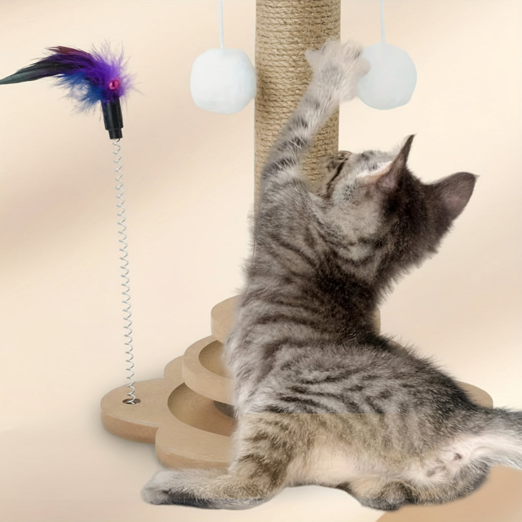 Griffoir air de jeu avec balle - Griffoir multifonction - Jouet balles suspendus et plumes artificielles