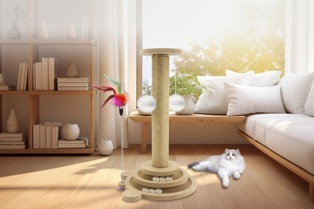 Griffoir air de jeu avec balle - Griffoir multifonction - Jouet balles suspendus et plumes artificielles