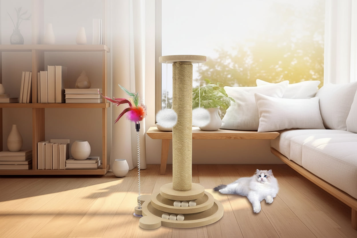 Griffoir air de jeu avec balle - Griffoir multifonction - Jouet balles suspendus et plumes artificielles