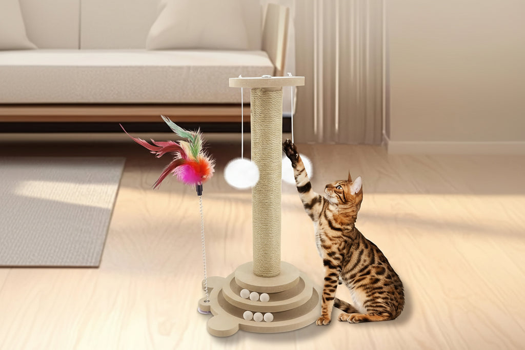 Griffoir air de jeu avec balle - Griffoir multifonction - Jouet balles suspendus et plumes artificielles