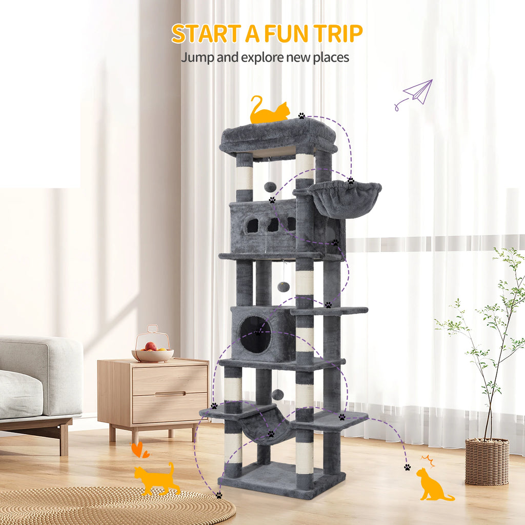 Arbre à Chat 170 cm – Grand Griffoir avec 8 Poteaux, Grottes, Hamac & Plateformes