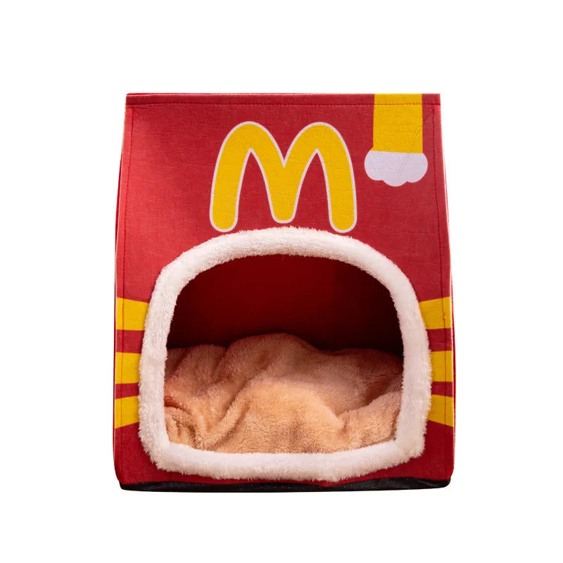 Lit Sachet Fast Food, Sachet Chips, chaud semi-fermé pour chat et petit chien, lit confortable amovible et lavable