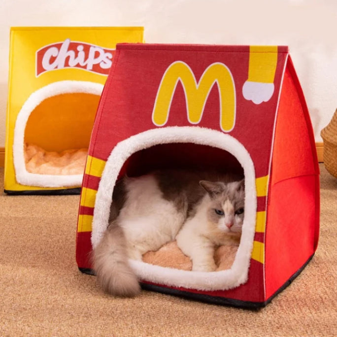 Lit Sachet Fast Food, Sachet Chips, chaud semi-fermé pour chat et petit chien, lit confortable amovible et lavable