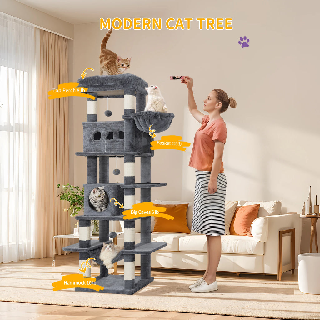 Arbre à Chat 170 cm – Grand Griffoir avec 8 Poteaux, Grottes, Hamac & Plateformes