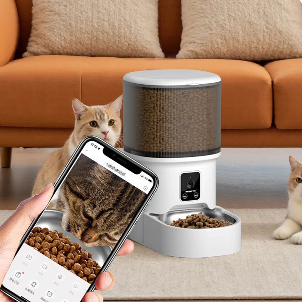 Distributeur Automatique de Croquettes 4L avec Caméra HD, Wi-Fi, Boutons Programmable pour Chat et Chien