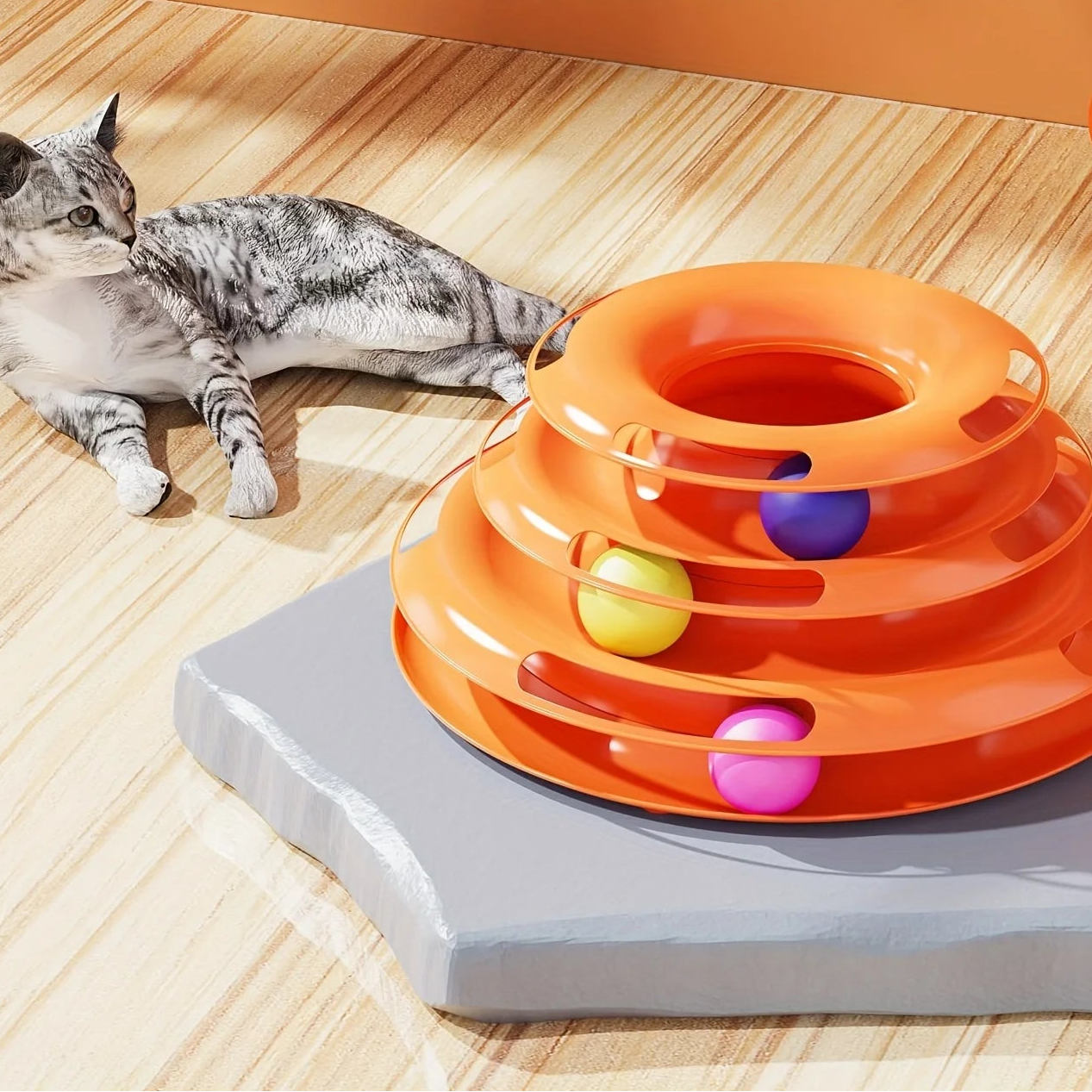 Tour de jeu interactive pour chat à 3 niveaux avec balles colorées – Jouet puzzle stimulant et anti-ennui pour chats actifs