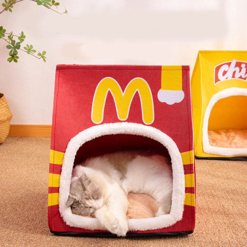 Lit Sachet Fast Food, Sachet Chips, chaud semi-fermé pour chat et petit chien, lit confortable amovible et lavable