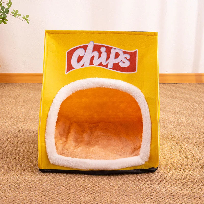 Lit Sachet Fast Food, Sachet Chips, chaud semi-fermé pour chat et petit chien, lit confortable amovible et lavable