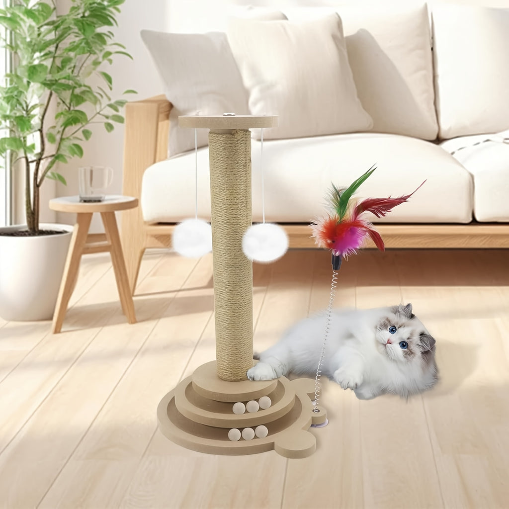 Griffoir air de jeu avec balle - Griffoir multifonction - Jouet balles suspendus et plumes artificielles