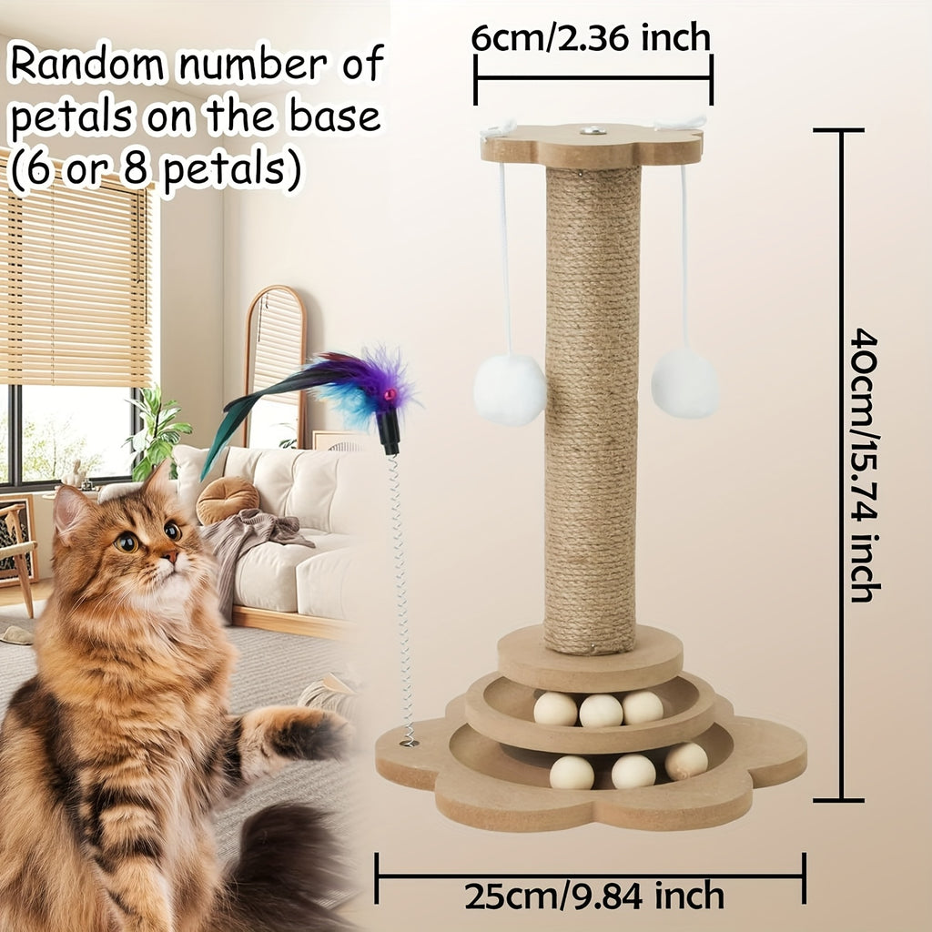Griffoir air de jeu avec balle - Griffoir multifonction - Jouet balles suspendus et plumes artificielles